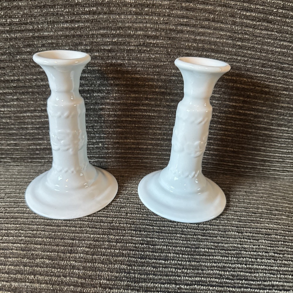 Vintage Martha Stewart Everyday Acorn Embossed Porcelain Candlesticks Set of 2